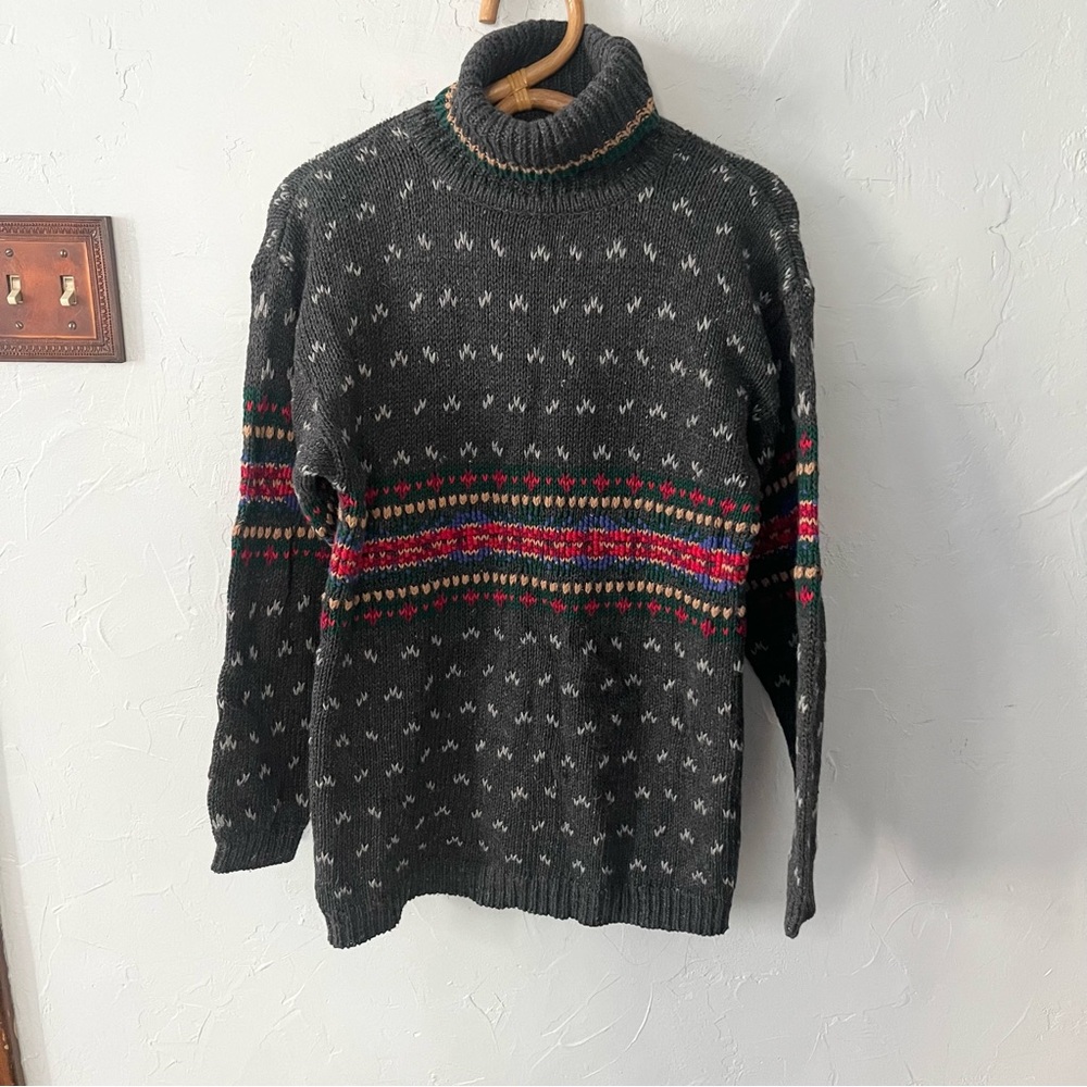 North Crest Vintage Sweater Small Gray Fair Isle Turtleneck Cozy Cabincore Women